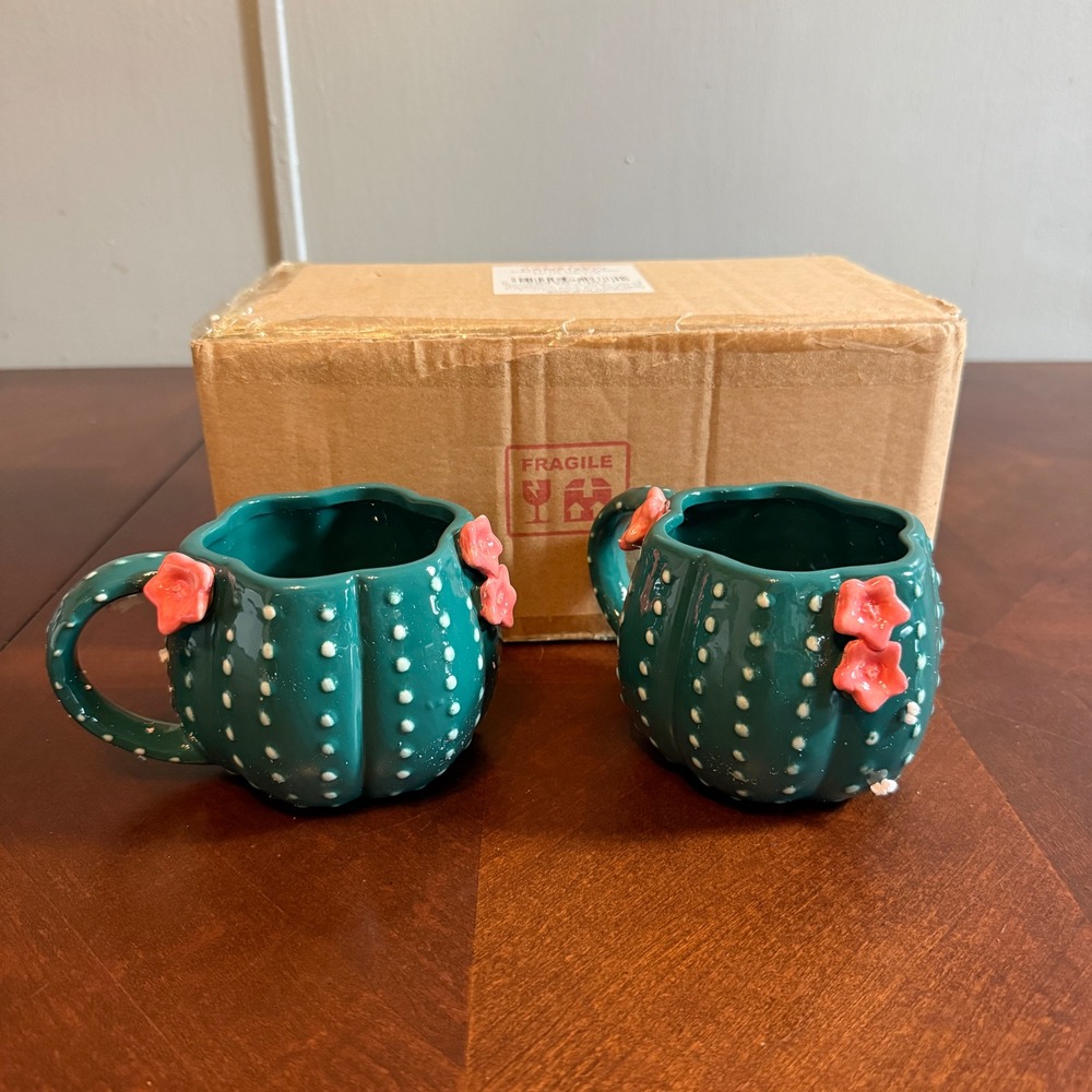 Cactus Ceramic Mug Set of 2 Teal Green Pink Flowers